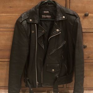 Women’s black leather jacket.